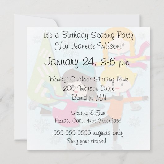 ブラックヘアガールスケートで滑る誕生日招待状 招待状 (裏面)