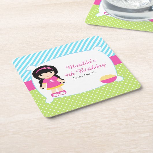 ブラックヘアガールスリープバースランバーパーティー スクエアペーパーコースター (アングル)