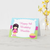 ブラックヘアガールスリーポバースランバーパーティー誕生日 カード (黄色い花)