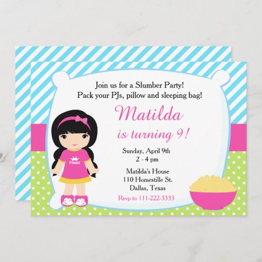 ブラックヘアスリープバースランバーパーティー誕生日 招待状 (正面/裏面)