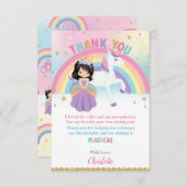 ブラックヘアプリンセスアンドレインボーユニコーン誕生日 サンキューカード (正面/裏面)