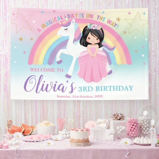 ブラックヘアプリンセスピンクユニコーン誕生日へようこそ 横断幕