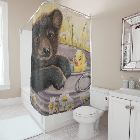 ブラックベアキューブ洗濯槽バスダック水彩画 シャワーカーテン (インサイチュ)