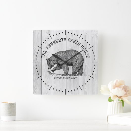 ブラックベアファミリーネームグレーウッドキャビンハウス  スクエア壁時計 (ホーム)