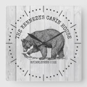 ブラックベアファミリーネームグレーウッドキャビンハウス スクエア壁時計 (正面)