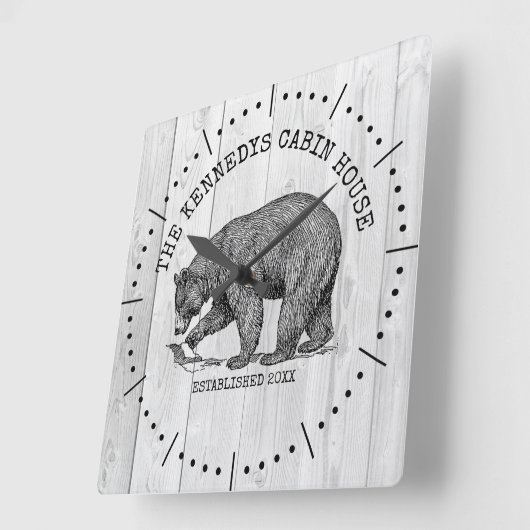 ブラックベアファミリーネームグレーウッドキャビンハウス スクエア壁時計 (傾斜)