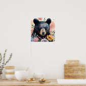 ブラックベアフローラ水彩ポートレート ポスター (キッチン)