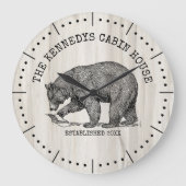 ブラックベアーファミリーネームナチュラルウッドキャビンハウス ラージ壁時計 (正面)