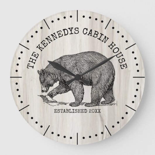 ブラックベアーファミリーネームナチュラルウッドキャビンハウス ラージ壁時計 (正面)