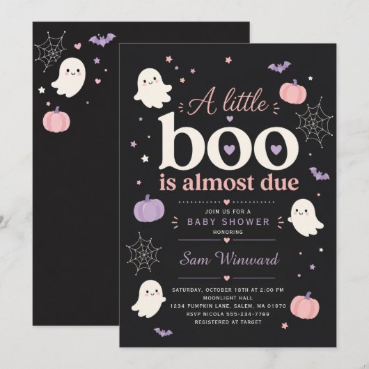ブラックベイビーシャワー A Little Boo Is Due 招待状 (正面/裏面)