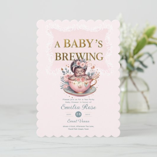 ブラックベビーガールが紅茶パーティーシャワーフローラ 招待状 (スタンド正面)