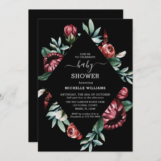 ブラックベビーシャワーとレッドローゼスフローラ招待状 招待状 (正面/裏面)