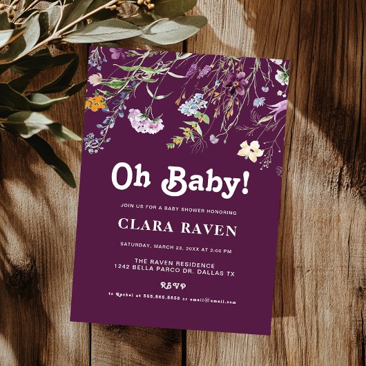 ブラックベリーの紫の野の花 Oh Baby ベビーシャワー 招待状