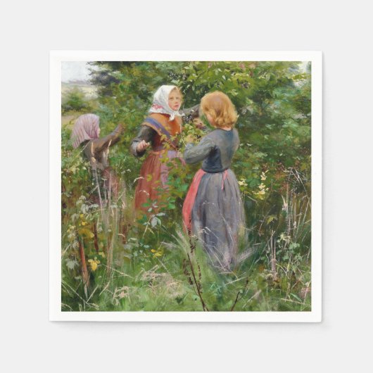 ブラックベリーを摘む3人の女の子(Brendekilde) スタンダードカクテルナプキン (正面)