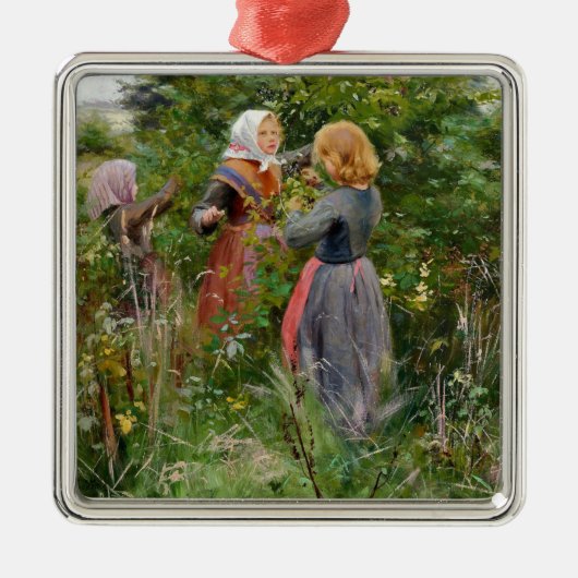 ブラックベリーを摘む3人の女の子(Brendekilde) メタルオーナメント (正面)