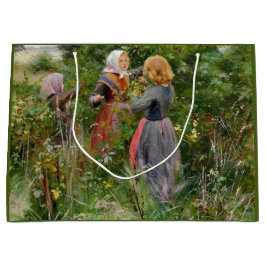 ブラックベリーを摘む3人の女の子(Brendekilde) ラージペーパーバッグ