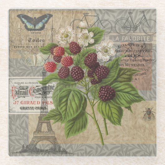 ブラックベリーフローラガーデンフラワーバタフライアート ガラスコースター (正面)