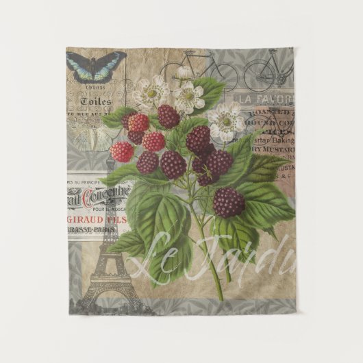 ブラックベリーフローラガーデンフラワーバタフライアート タペストリー (正面)