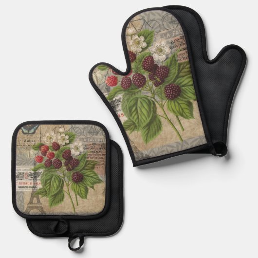ブラックベリーフローラガーデンフラワーバタフライアート 鍋つかみ&鍋敷きセット (正面/裏面)