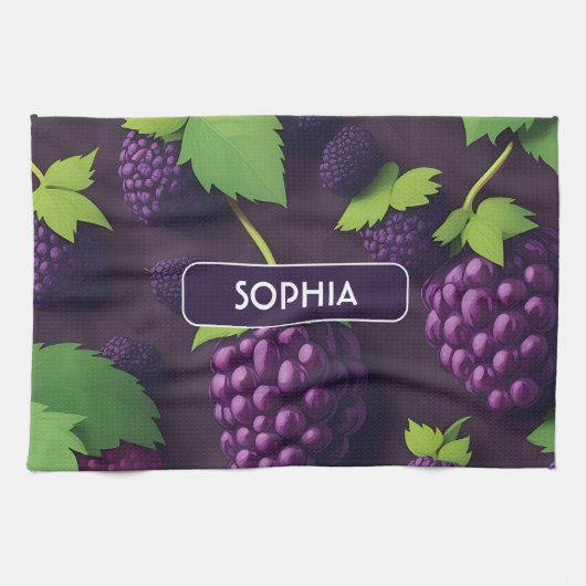ブラックベリーレトロカラフルパタパーソナライズされたーン キッチンタオル (横)