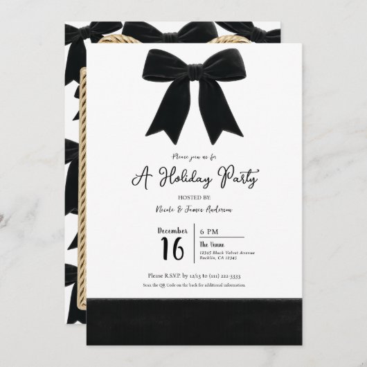 ブラックベルベットボウエレガントポシュフォトホリデーパーティー 招待状 (正面/裏面)