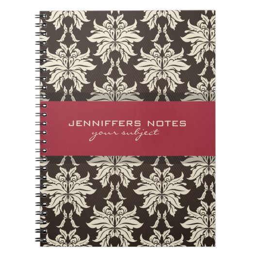 ブラックベージュとブルゴーニュレッドフローラダマスク ノートブック (正面)