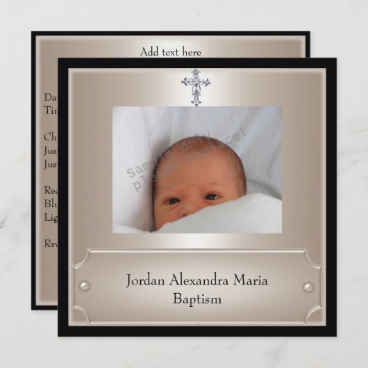ブラックベージュフォトフレーム宝石クロスバプテスマ 招待状 (正面/裏面)