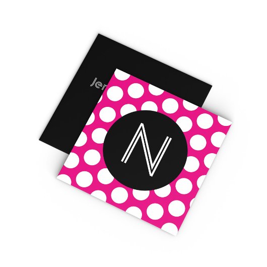 ブラックホットピンクとホワイト水玉模様モノグラム スクエア名刺