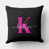 ブラックホットピンクエレガントスクリプトモノグラム クッション (裏面)