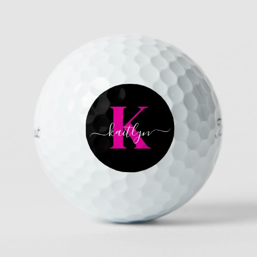 ブラックホットピンクエレガントスクリプトモノグラム ゴルフボール (正面)