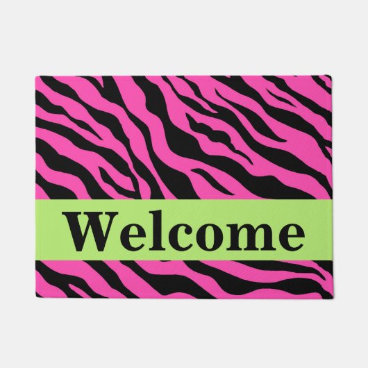 ブラックホットピンクグリーンゼブラスキンパターンへようこそ ドアマット (正面)