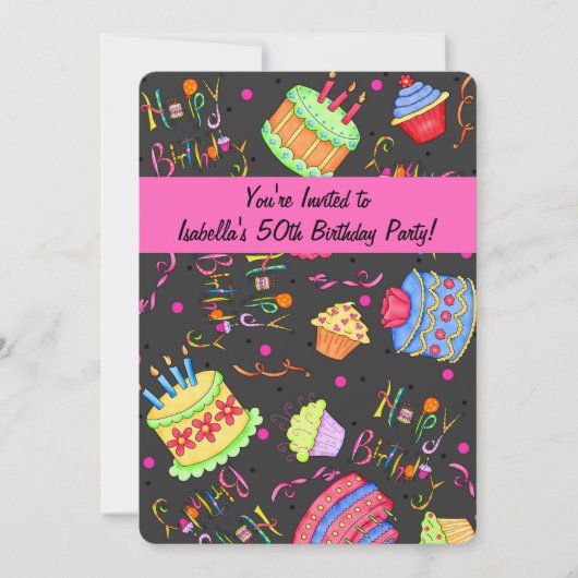ブラックホットピンクケーキ50誕生日招待状 招待状 (正面)