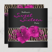 ブラックホットピンクゼブラスウィート16誕生日パーティー 招待状 (正面/裏面)