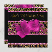 ブラックホットピンクゼブラ女性50thバースデーパーティー 招待状 (正面/裏面)