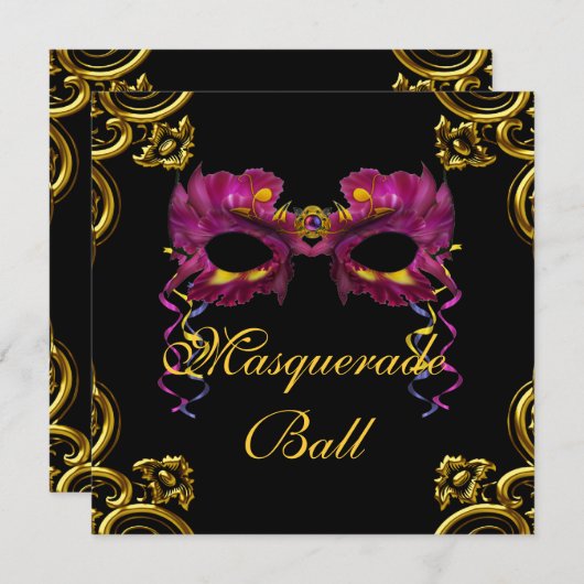ブラックホットピンクマスカレードパーティの招待状 招待状 (正面/裏面)