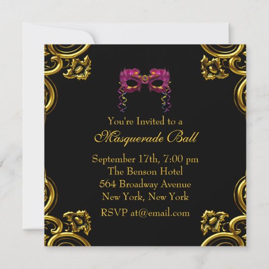 ブラックホットピンクマスカレードパーティの招待状 招待状 (裏面)