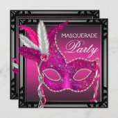 ブラックホットピンクマスクホットピンクマスカレードパーティー 招待状 (正面/裏面)