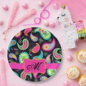 ブラックホットピンクモノグラムパーソナライズされたモダンペイズリー ペーパープレート (パーティー)