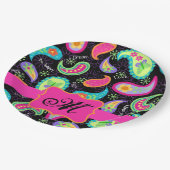 ブラックホットピンクモノグラムパーソナライズされたモダンペイズリー ペーパープレート (アングル)