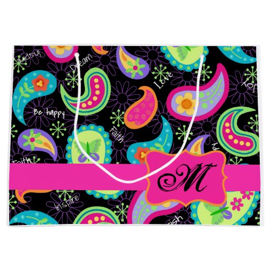 ブラックホットピンクモノグラムパーソナライズされたモダンペイズリー ラージペーパーバッグ (正面)