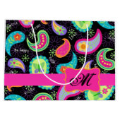 ブラックホットピンクモノグラムパーソナライズされたモダンペイズリー ラージペーパーバッグ (裏面)