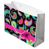 ブラックホットピンクモノグラムパーソナライズされたモダンペイズリー ラージペーパーバッグ (裏面アングル)