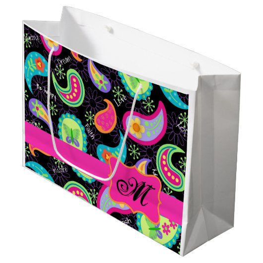 ブラックホットピンクモノグラムパーソナライズされたモダンペイズリー ラージペーパーバッグ (正面アングル)