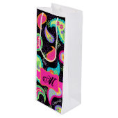 ブラックホットピンクモノグラムパーソナライズされたモダンペイズリー ワインギフトバッグ (正面アングル)