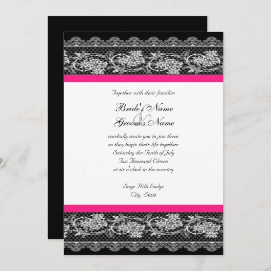 ブラックホットピンクレース結婚式招待状 招待状 (正面/裏面)