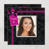 ブラックホットピンク写真甘い16誕生日パーティー 招待状 (正面/裏面)