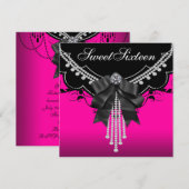 ブラックホットピンクSweet sixteen誕生日パーティー 招待状 (正面/裏面)