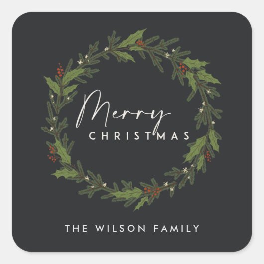 ブラックホリモダンーエレガントベリーリースクリスマス スクエアシール (正面)