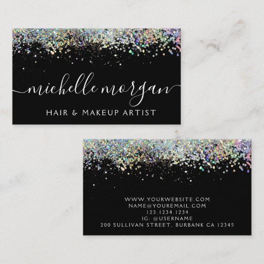 ブラックホログラフィックグリッターヘア&メイクアップ コーリングカード (正面/裏面)