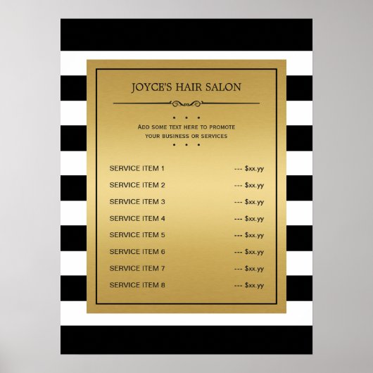 ブラックホワイトのストライプ クラシックゴールド サービスメニュー ポスター (正面)